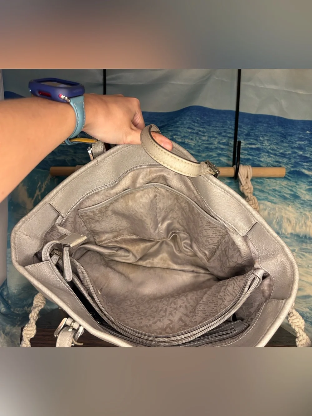 Michael Kors Leather Snap Pocket Tote Bag in Taupe Gray